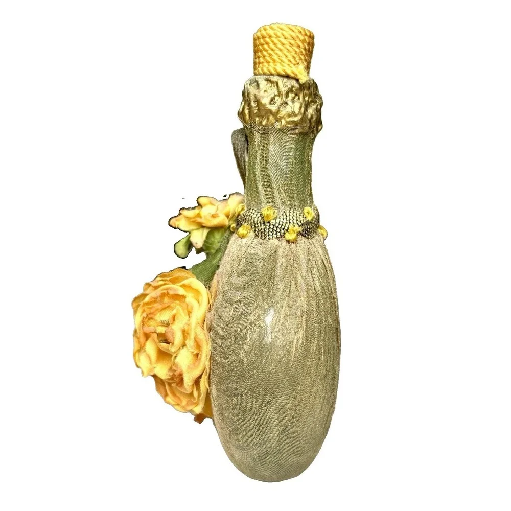 Vintage Gold Wrapped Decanter Bottle Faux Yellow Roses Floral Decor
